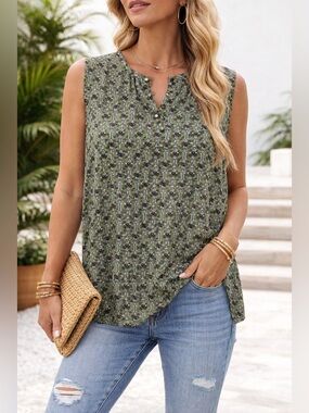 Ann Taylor Olive Green Floral Sleeveless Blouse